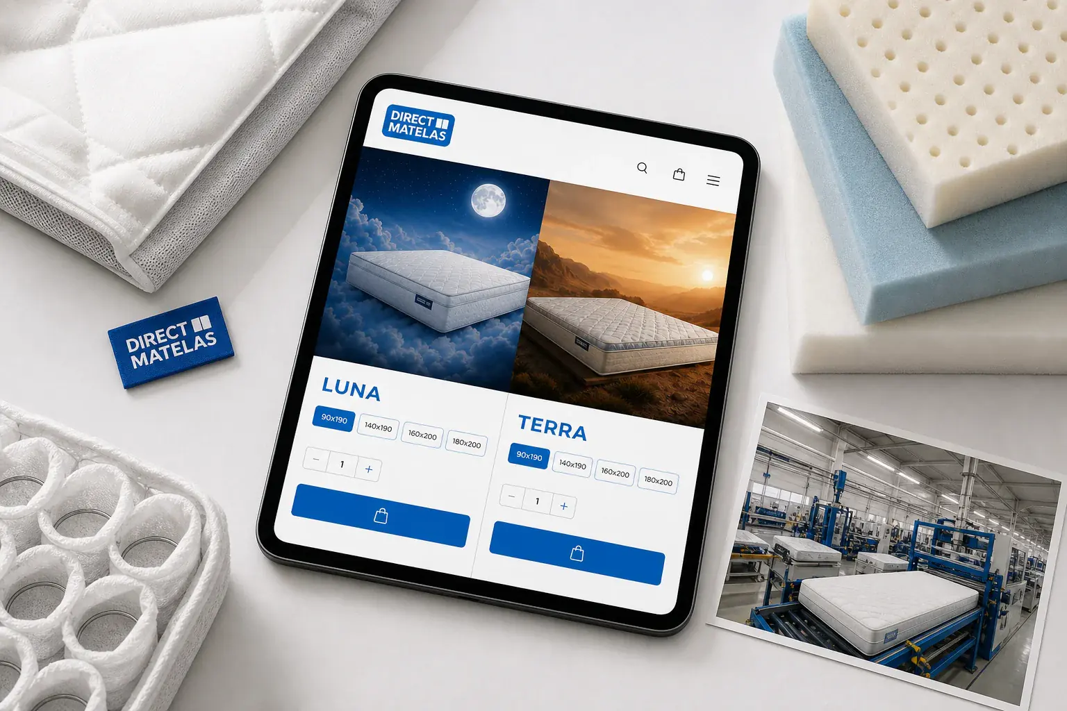 Présentation du catalogue Direct Matelas avec matériaux, ressorts et fabrication