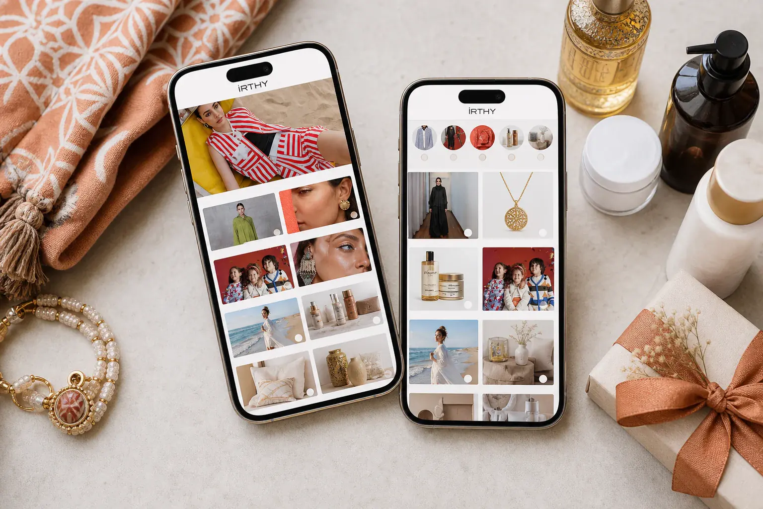 Parcours mobile du site e-commerce Irthy avec catégories mode, beauté et maison